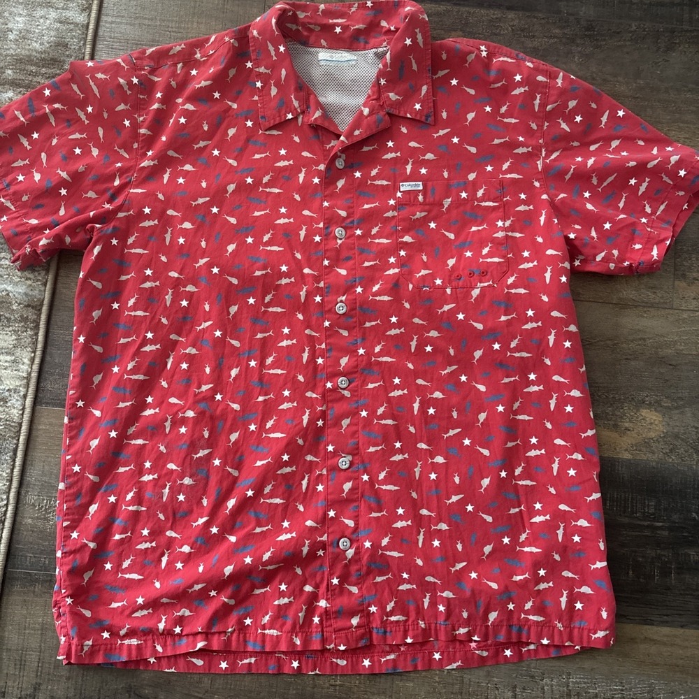 Columbia PFG Men's Short Sleeve Button Fishing Shirt Vented Marlin Pattern Large